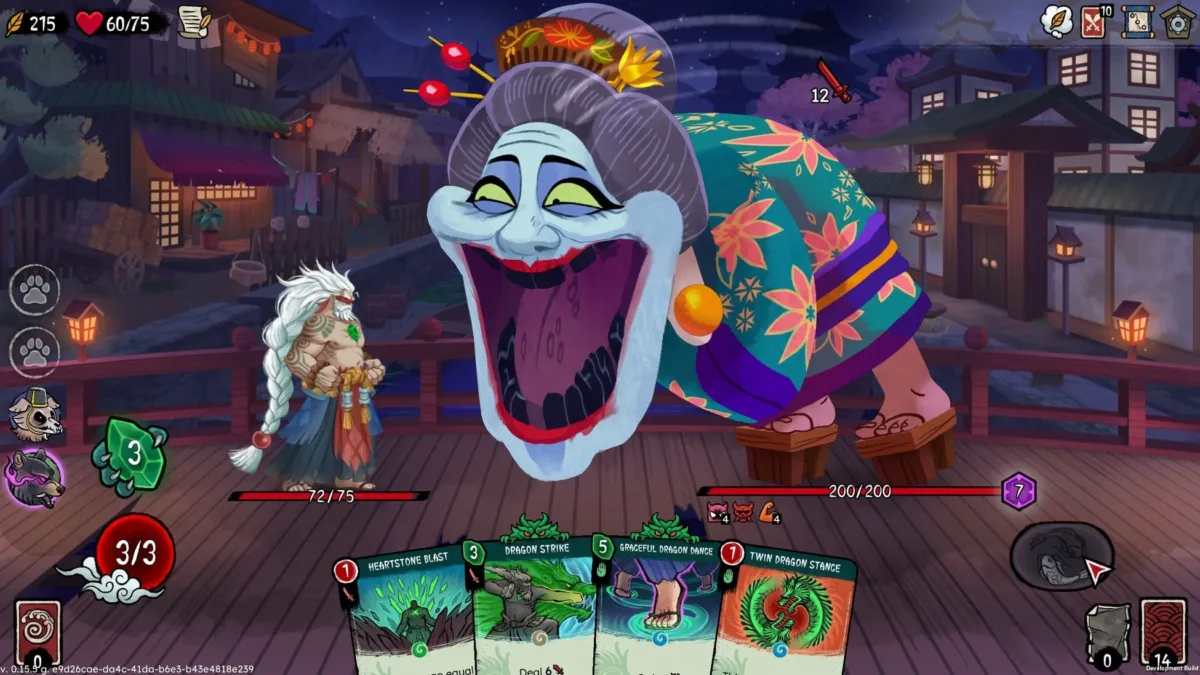 日本風ファンタジー世界でのターン制カードバトルゲーム画面