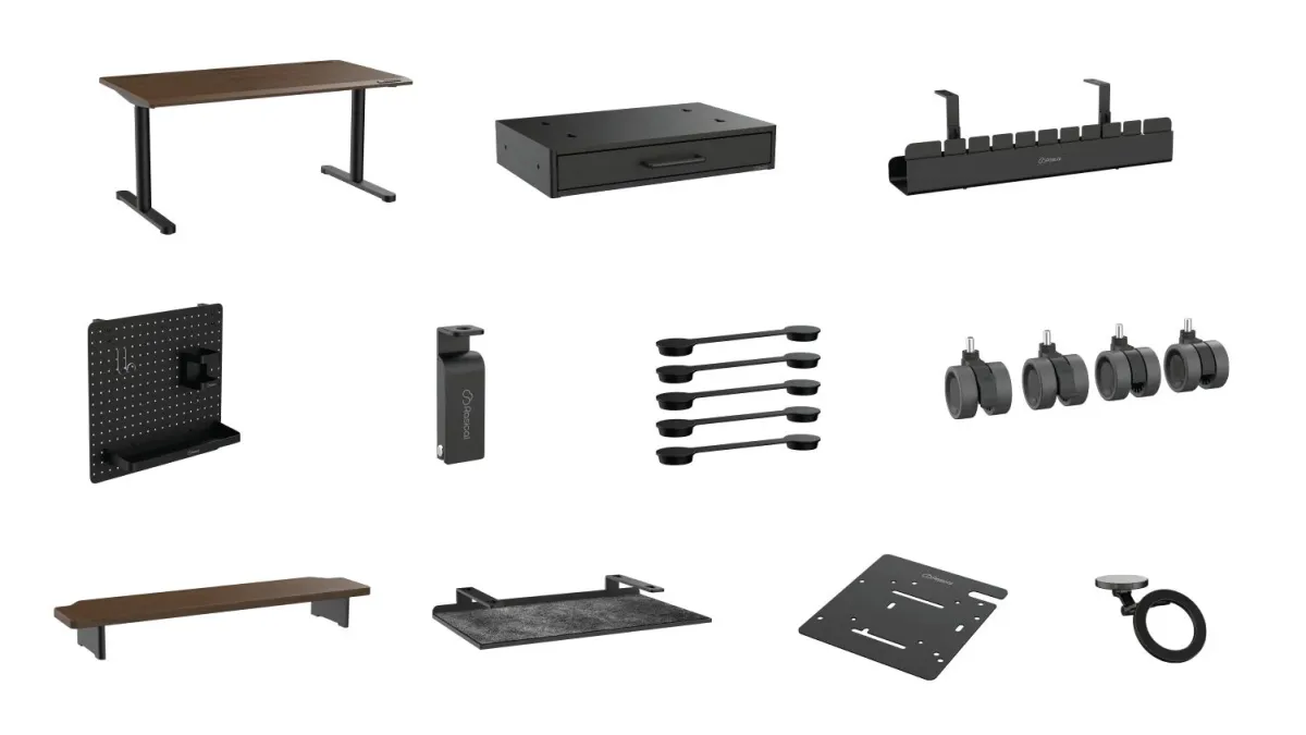 デスク、引き出し、ケーブルオーガナイザーなど、多様なオフィス家具やデスクアクセサリーの製品群