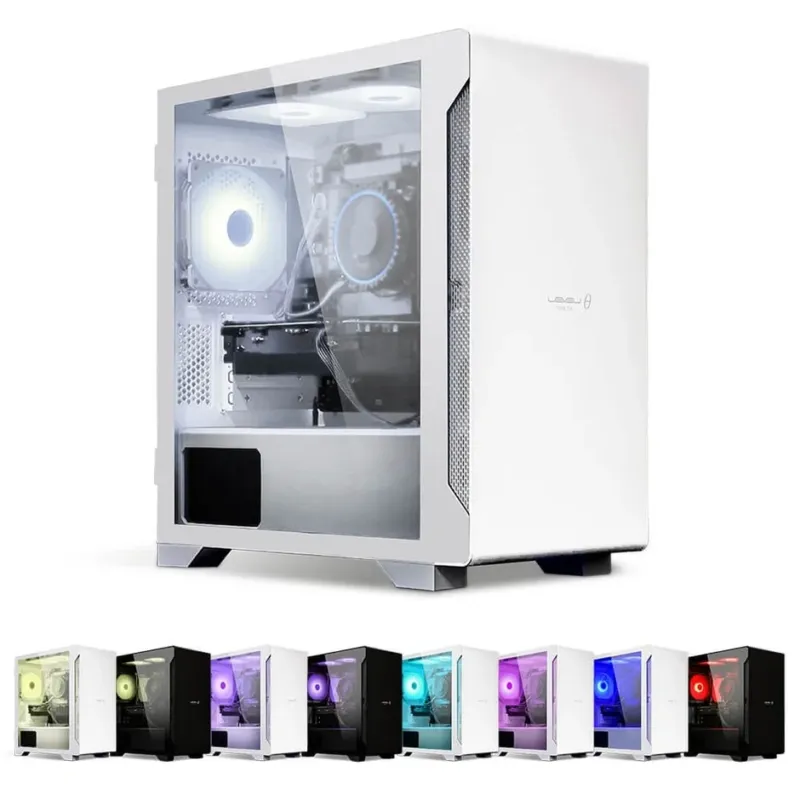 白い透明なPCケースが主要に写っており、内部にはRGBファンが輝いています。