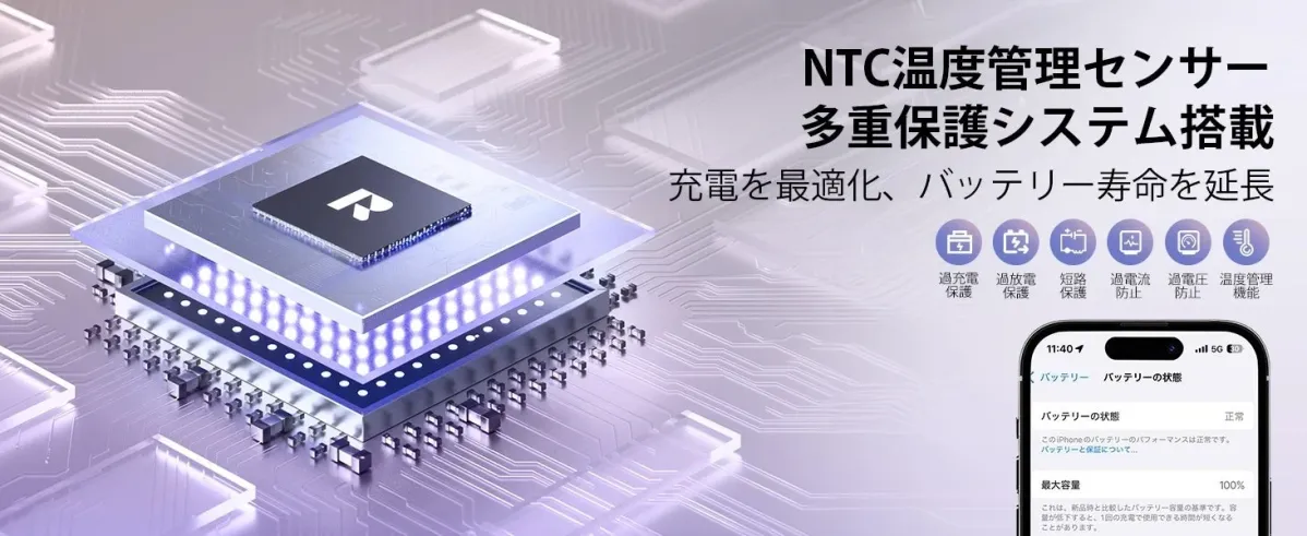 NTC温度管理センサーと多重保護システムにより、過充電や短絡などからバッテリーを保護し、充電を最適化して寿命を延長する技術