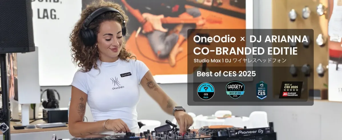 女性DJ ARIANNAがOneOdioのStudio Max 1 DJワイヤレスヘッドホンを着用し、DJミキサーを操作。