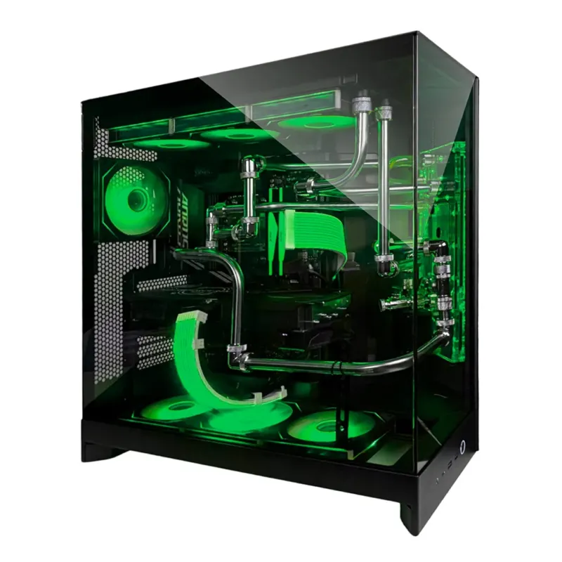 緑色のLED照明と水冷システム