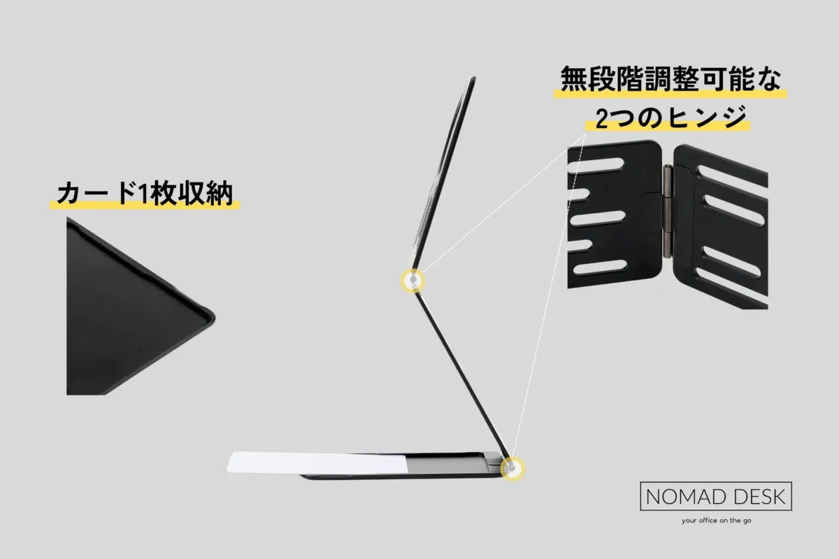カード1枚収納 無段階調整可能な 2つのヒンジ NOMAD DESK your office on the go