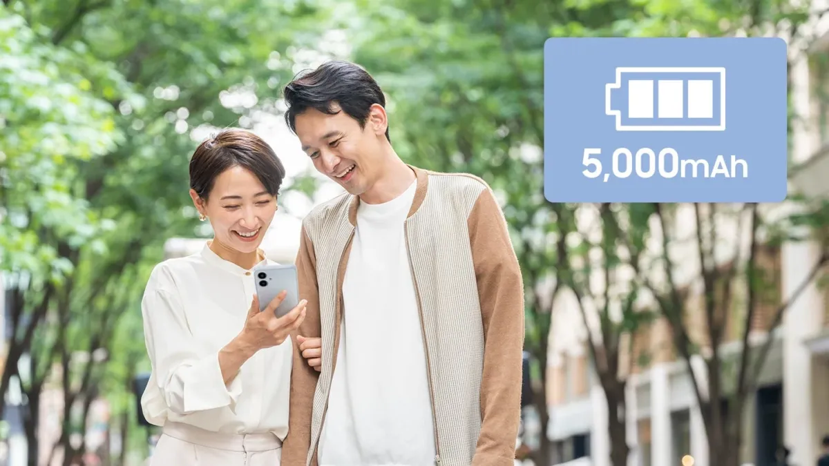 スマートフォンを一緒に見ている笑顔の男女、5000mAhの表示