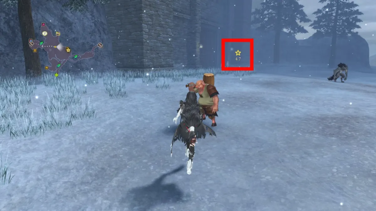 雪が降る冬のゲームマップで、黒い衣装のキャラクターが丸太を担いだNPCと対峙しているシーンです。