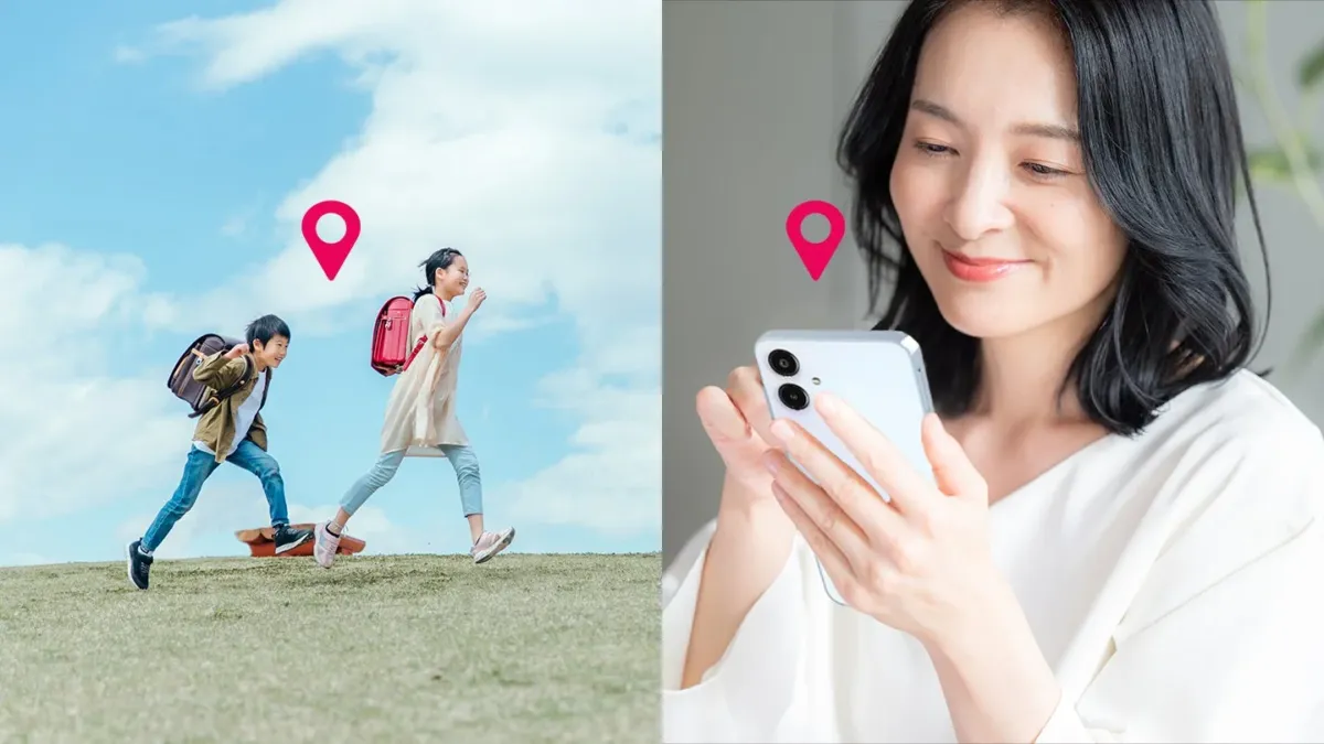 ランドセルを背負い走る子供たちとスマートフォンを見る女性