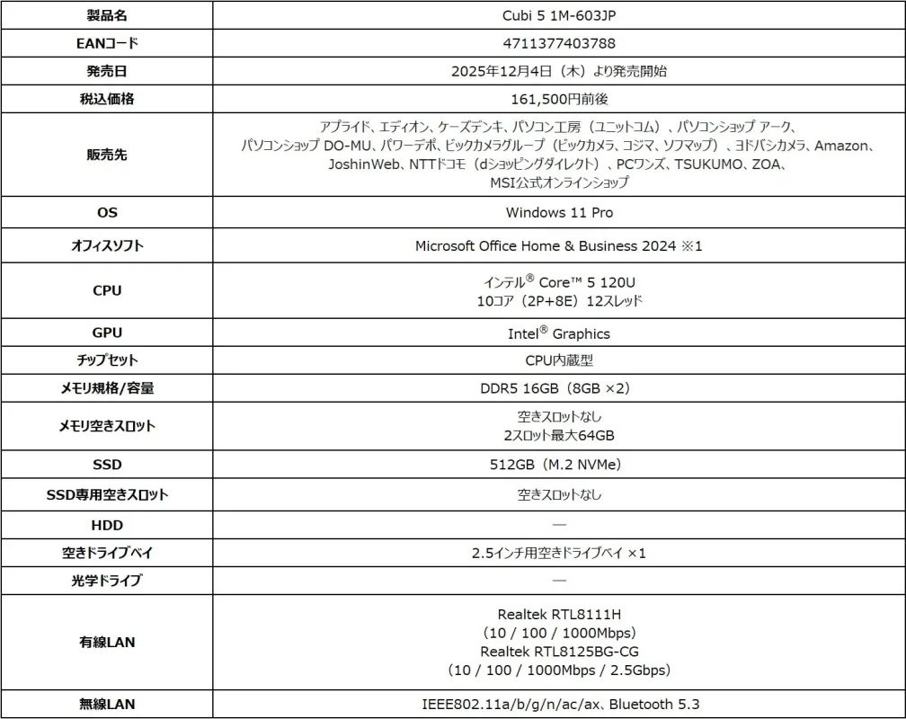 Cubi 5 1M-603JPの製品仕様一覧