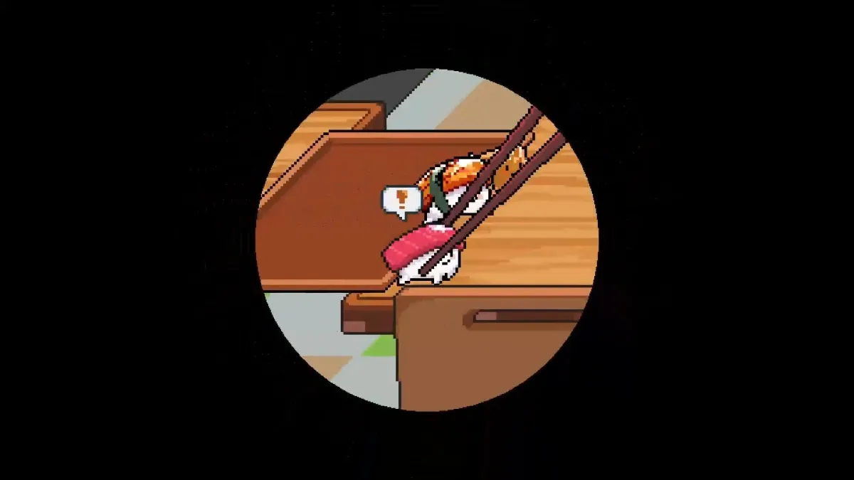 箸で二貫の握り寿司が挟まれているピクセルアート