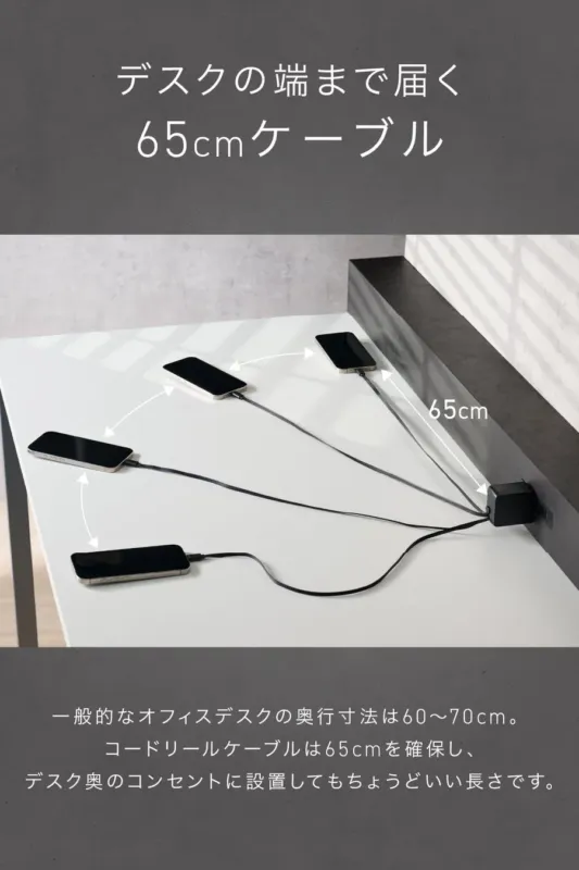 デスクの端まで届く65cmケーブル