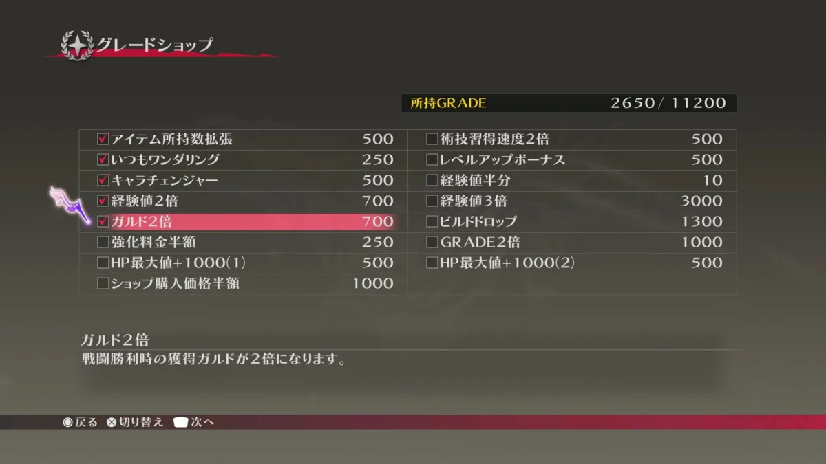 ゲームのグレードショップ画面で、様々な強化オプションと費用が表示されています。