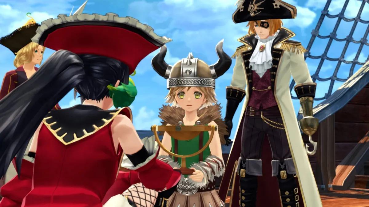 船の甲板らしき場所で、角の付いたヘルメットをかぶった子供が黄金の測定器のような物を持っており、その周りに海賊風の衣装を着た大人たちが集まっている様子。