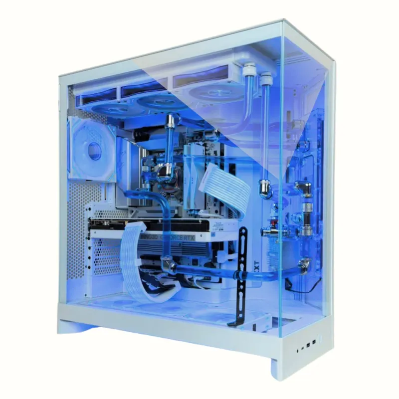 青いLEDでライトアップされた水冷PC