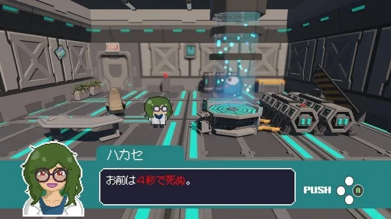 未来的な研究室で「ハカセ」が話すビデオゲームのワンシーン