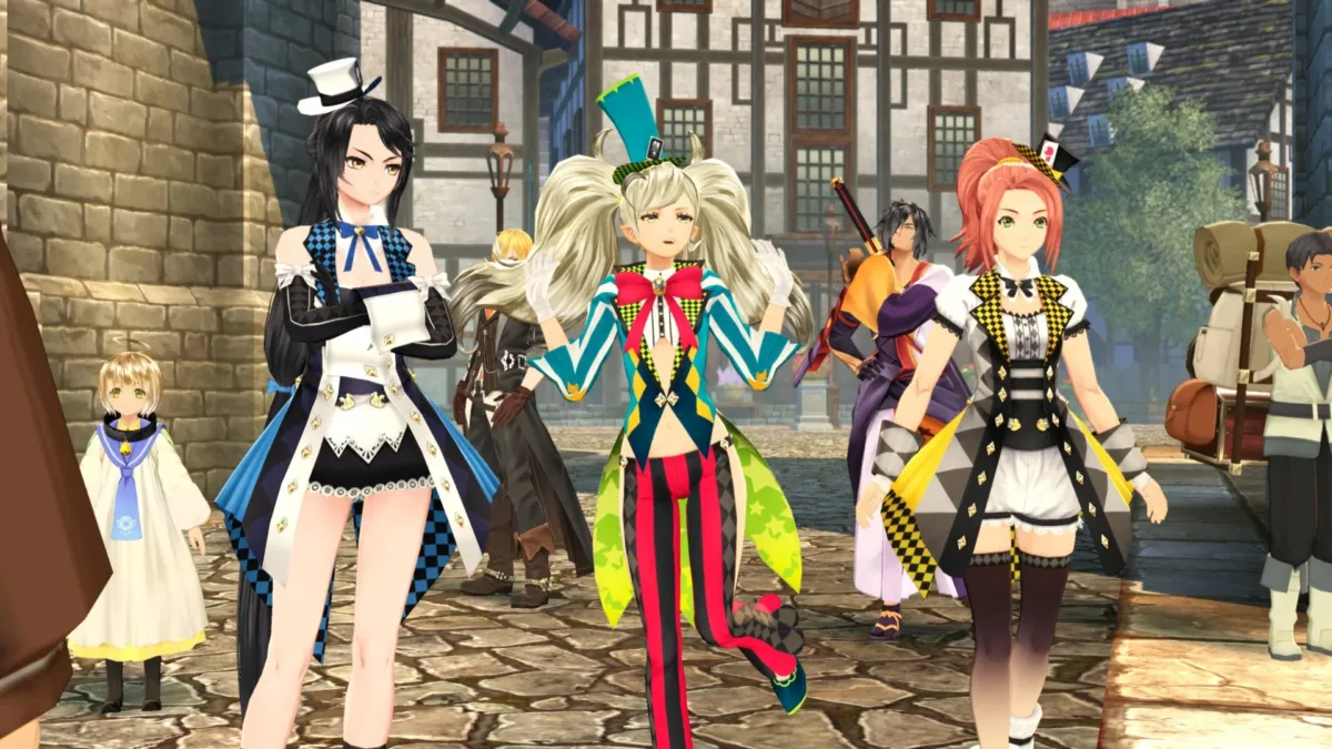 石畳の街並みで、個性豊かな衣装をまとった複数のアニメ風キャラクターたちが集まっている様子。