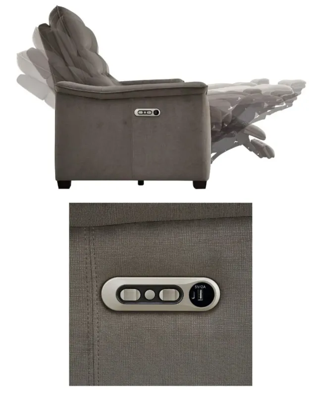 複数段階のリクライニング機能を備えたグレーの電動ソファです。側面にはUSB充電ポートと操作ボタンがあり、快適な座り心地を提供します。