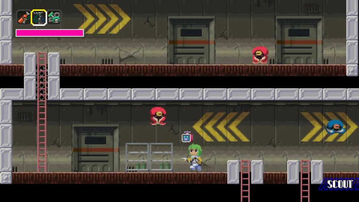 ピクセルアートの横スクロールアクションゲームの画面。緑色の髪の主人公が銃を持ち、金属製の施設で敵と対峙している。体力バーやアイテムアイコン、梯子、扉があり、探索要素のあるゲームプレイを示唆している。