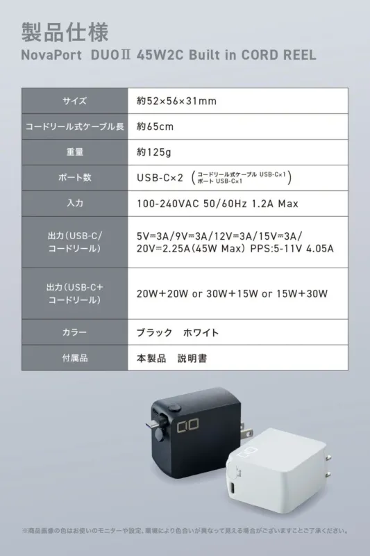 NovaPort DUOII 45W2C Built in CORD REEL製品仕様