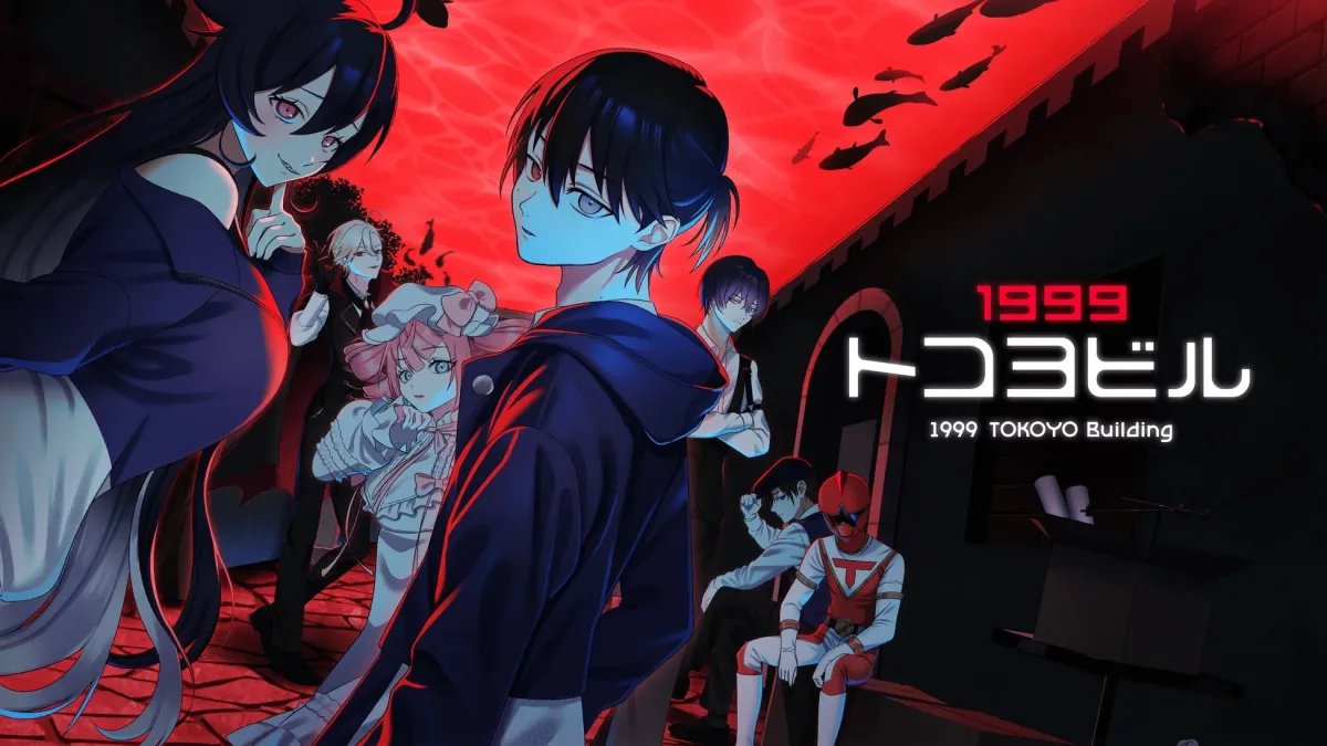 赤い空と魚のシルエットが印象的なアニメ風キャラクターイラスト