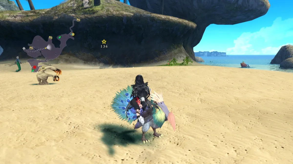 ゲーム画面で、キャラクターが大型の鳥のような生物に騎乗し、砂浜に立っている。