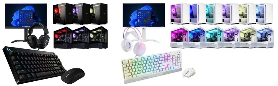 ゲーミングPC本体、モニター、ヘッドホン、キーボード、マウスなどのPC周辺機器が多数展示されています。