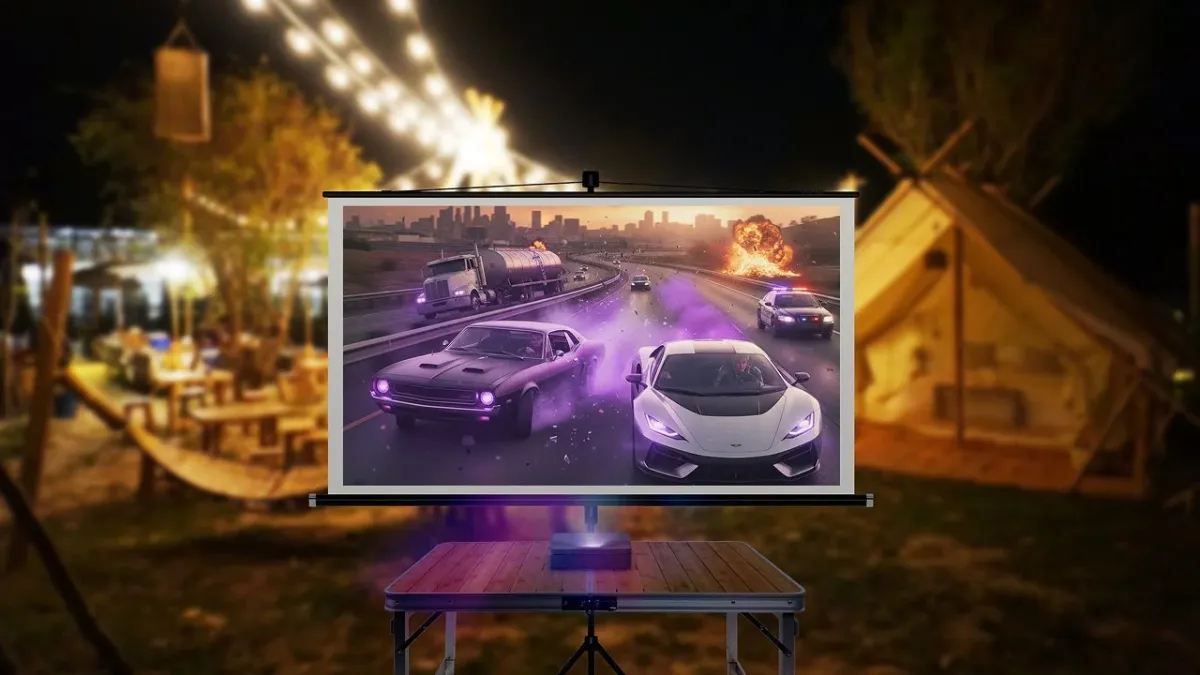 夜間の屋外でプロジェクターを使って映画を上映している様子