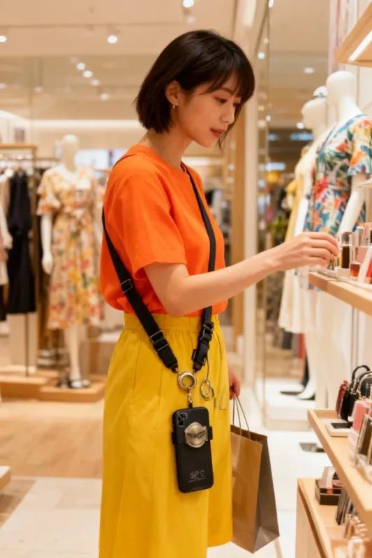 女性がスマホショルダーを身につけている様子