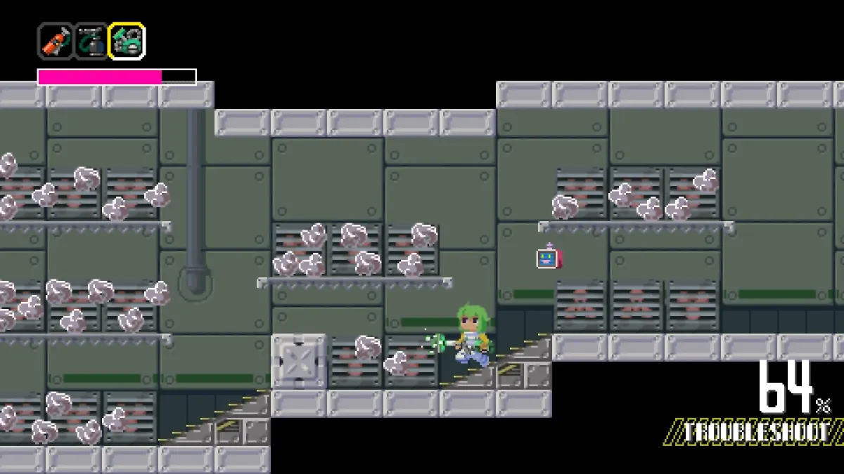 ピクセルアートのビデオゲームのスクリーンショット。緑色の髪のキャラクターが金属製の工業的なステージを移動しており、画面には「64%」と「TROUBLESHOOT」の文字、そしてライフバーが表示されています。