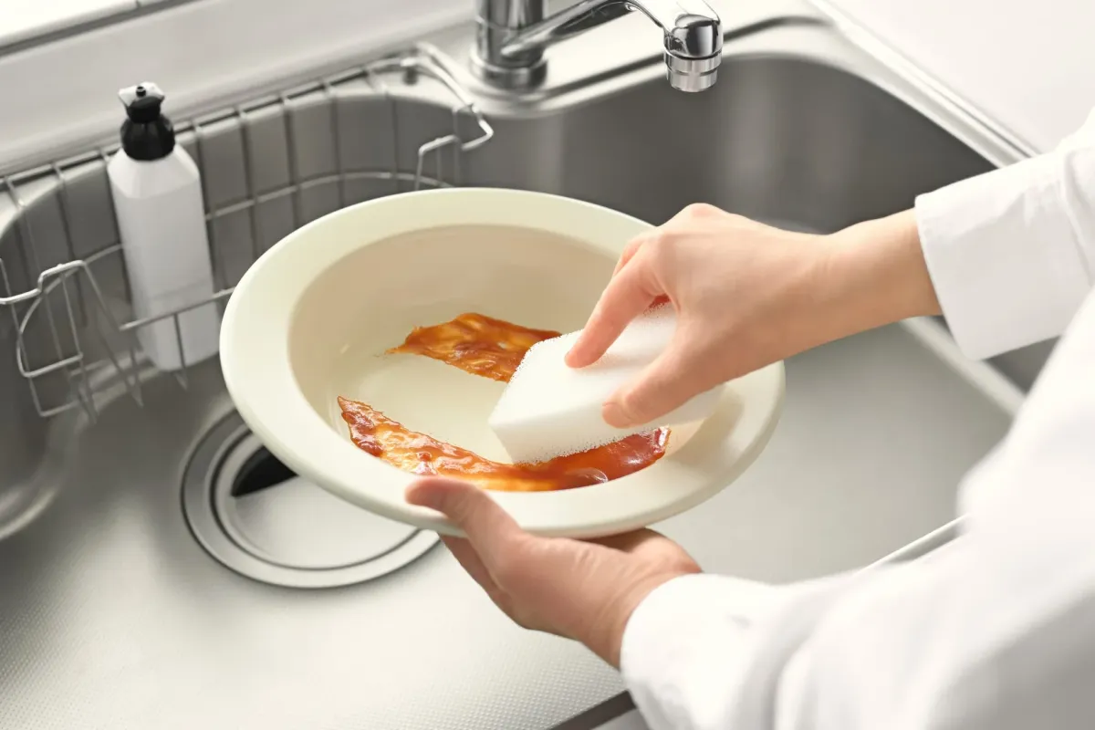 キッチンのシンクで、汚れた皿をスポンジを使って洗っている人の手元を捉えた画像です。皿には食べ物の残りカスが付着しており、清潔にする作業の途中の様子がうかがえます。