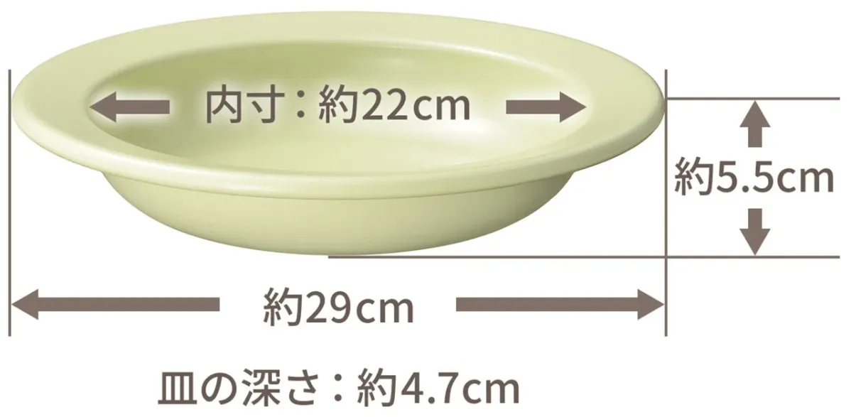 淡い黄緑色の皿の寸法図で、内寸約22cm、外寸約29cm、高さ約5.5cm、皿の深さ約4.7cmの各サイズが詳細に示されています。製品の仕様確認に役立つ情報です。