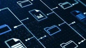 デジタル環境におけるデータやファイルの管理、整理、そしてそれらの相互接続を抽象的に表現した画像です。フォルダーとドキュメントアイコンが線で結ばれ、情報フローを示しています。