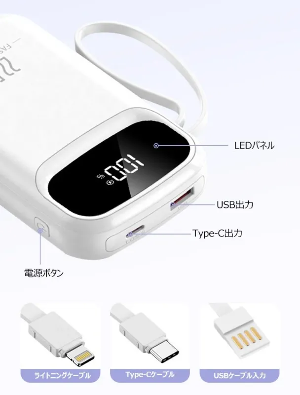 白いモバイルバッテリーの製品説明画像。LEDパネルには100%と表示され、USB出力、Type-C出力、電源ボタンなどの機能が説明されている。