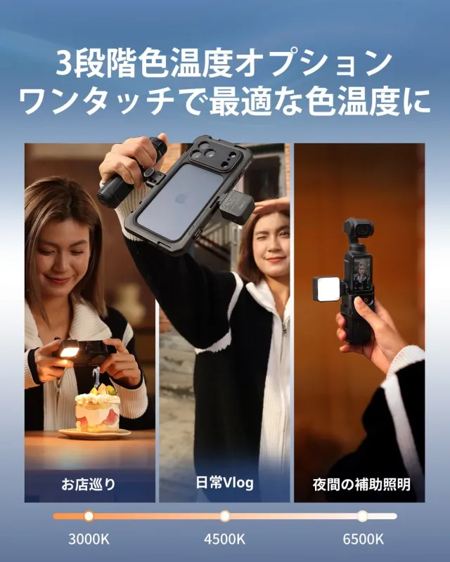 3段階の色温度（3000K, 4500K, 6500K）を持つポータブル補助照明デバイス