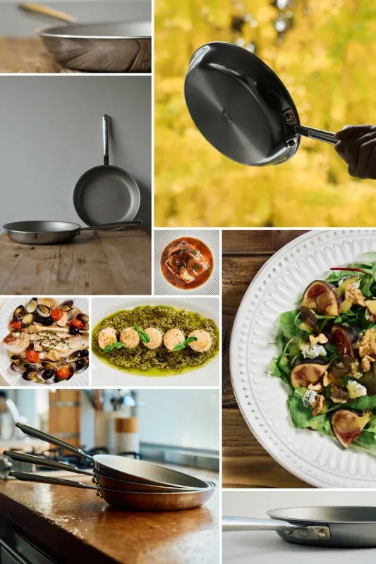 ステンレス製フライパンと料理のコラージュ