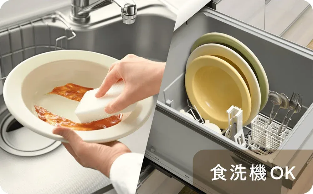 手洗いと食洗機での食器洗いを比較した画像です。左側では汚れた皿を手で洗っており、右側では食洗機にきれいな皿とカトラリーが収められています。「食洗機OK」の文字があり、食洗機の利便性を示唆しています。