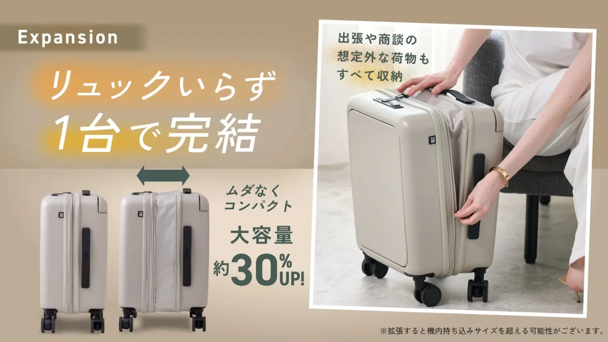 拡張機能付きのスーツケースを紹介する画像。リュック不要で1台で完結し、コンパクトながら約30%容量アップ。出張や商談での想定外の荷物も収納できる点を強調している。