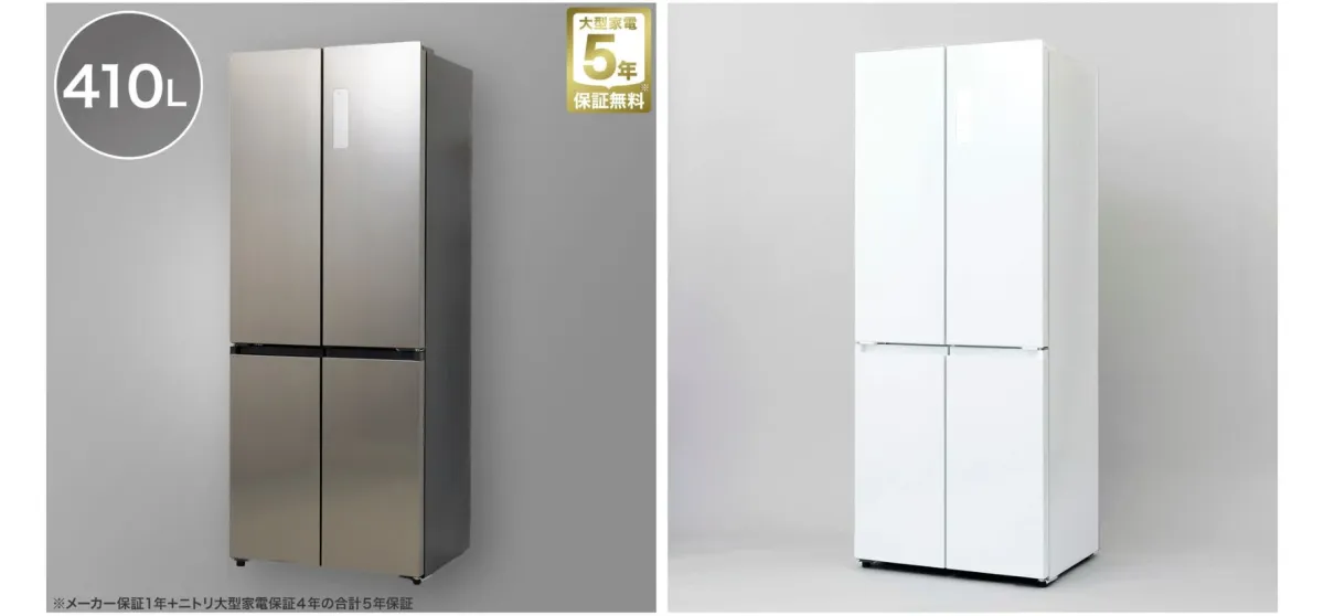 410Lの4ドア冷蔵庫のシルバーとホワイトの2色が並べられた画像