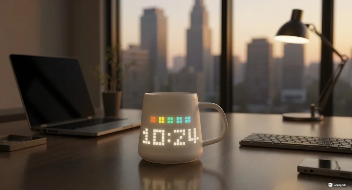 デスクとマグカップ（時刻表示）