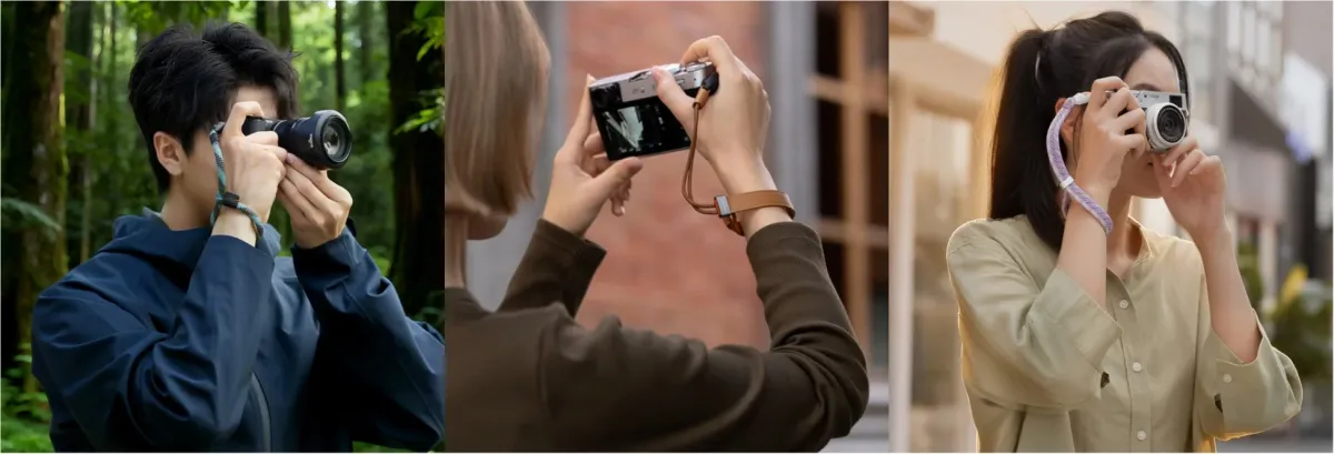 森の中や街中でカメラを構える3人の人物