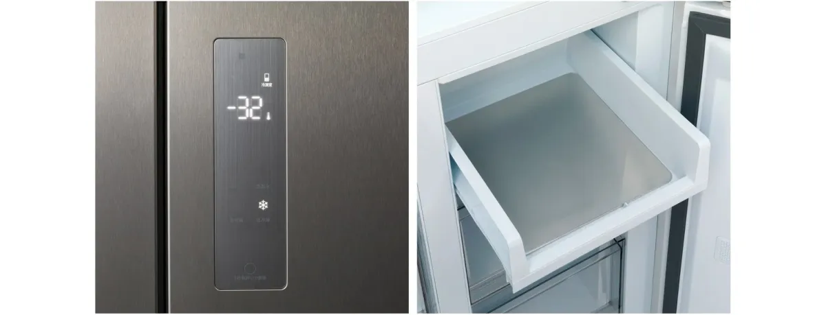 冷蔵庫のデジタル操作パネルと引き出し内部を写した画像。パネルには-32度の表示と冷凍機能のオプションが示され、内部は清潔感のある白い引き出しと金属製の底板が見える