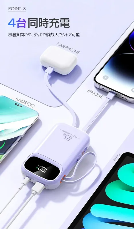 パープル色のモバイルバッテリーがiPhone、Androidスマホ、イヤホン、iPadの4台を同時に急速充電している様子