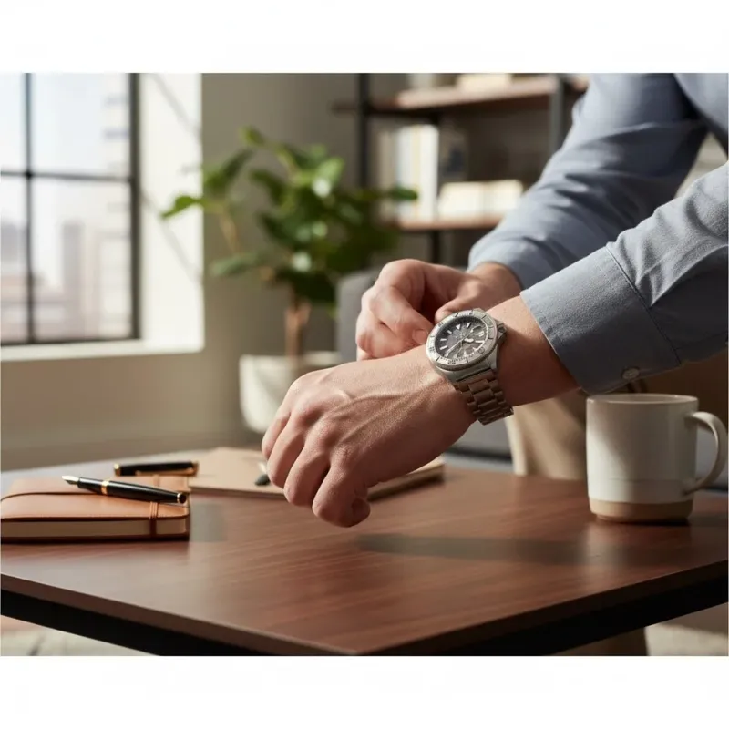 室内で腕時計を調整している男性