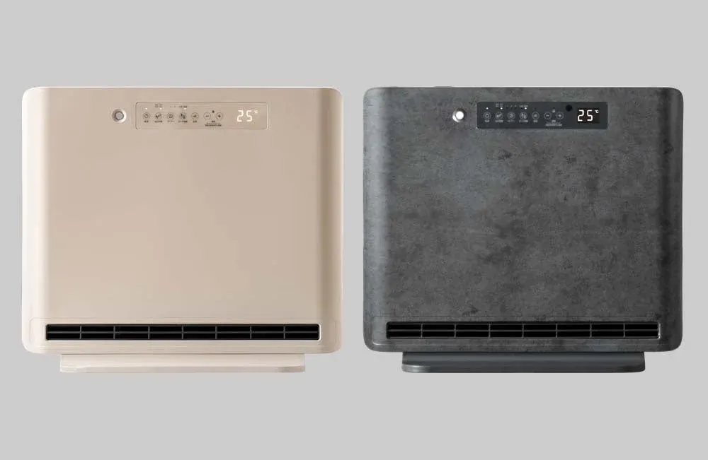 ベージュとダークグレーの2色の暖房器具または空気清浄機が並べられている画像です。どちらもシンプルなデザインで、デジタル表示で25度と表示されています。