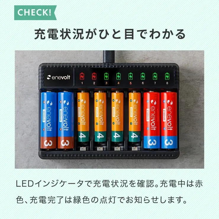 CHECK! 充電状況がひと目でわかる enevolt 1 2 3 4 5 6 7 8 3000mAh 2150mAh LEDインジケーターで充電状況を確認。充電中は赤色、充電完了は緑色の点灯でお知らせします。