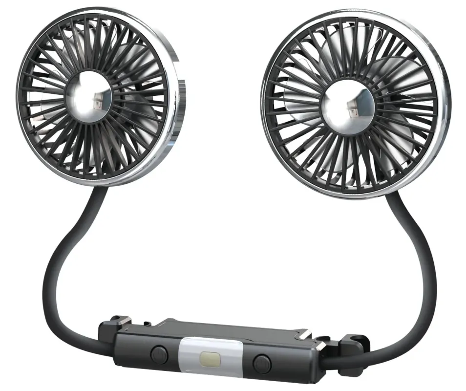 首からかけるタイプのポータブル扇風機です。左右に2つのファンがあり、中央のユニットで操作します。暑い季節のパーソナルクーラーとして使われることを想定した製品です。