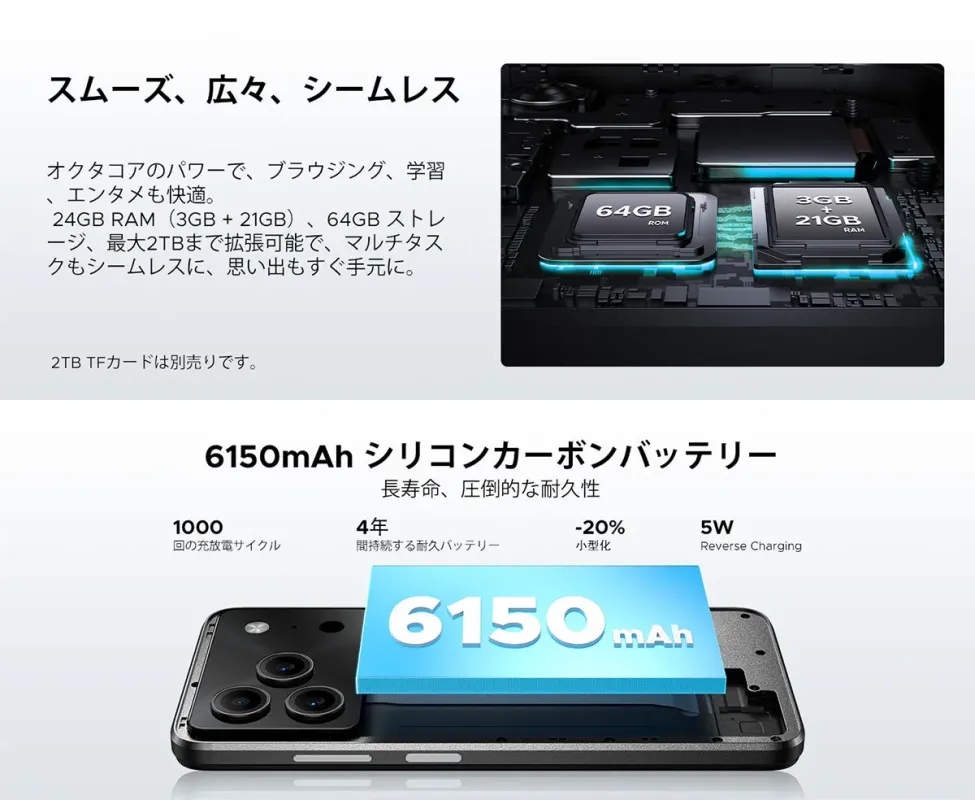 RAM, ストレージ, バッテリーの詳細