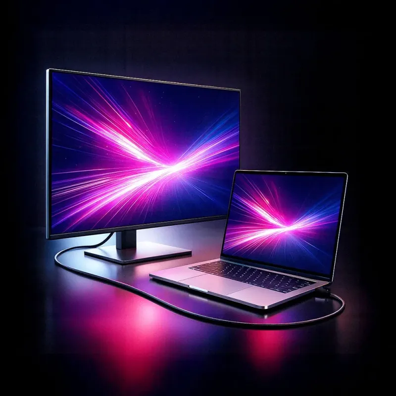 モニターとノートPCに抽象的な画像が映し出されている