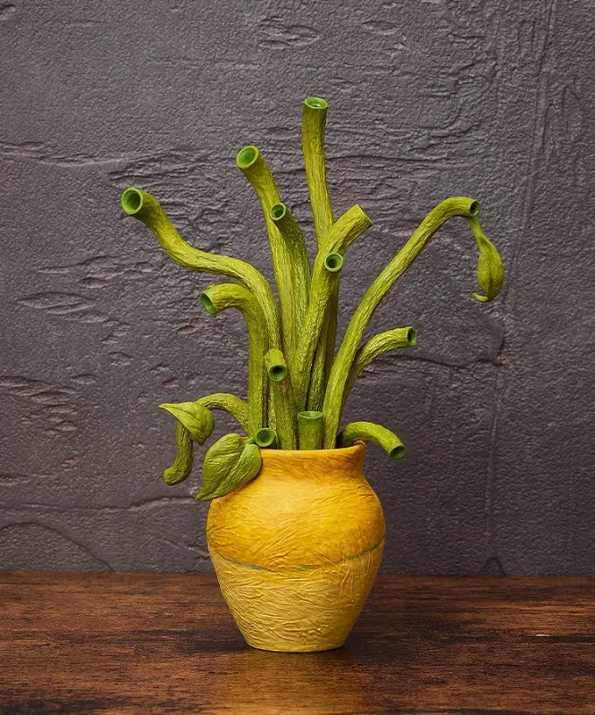 植物、花瓶、オブジェ、インテリア、アート、緑、黄色、木製、壁、抽象的、奇妙な植物、粘土細工