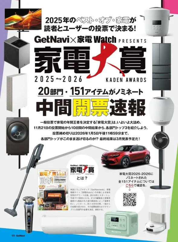 GetNaviと家電Watch共催「家電大賞2025-2026」の中間開票速報