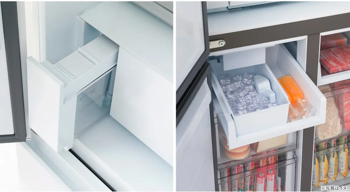 冷蔵庫の自動製氷機と冷凍室の内部を示した画像