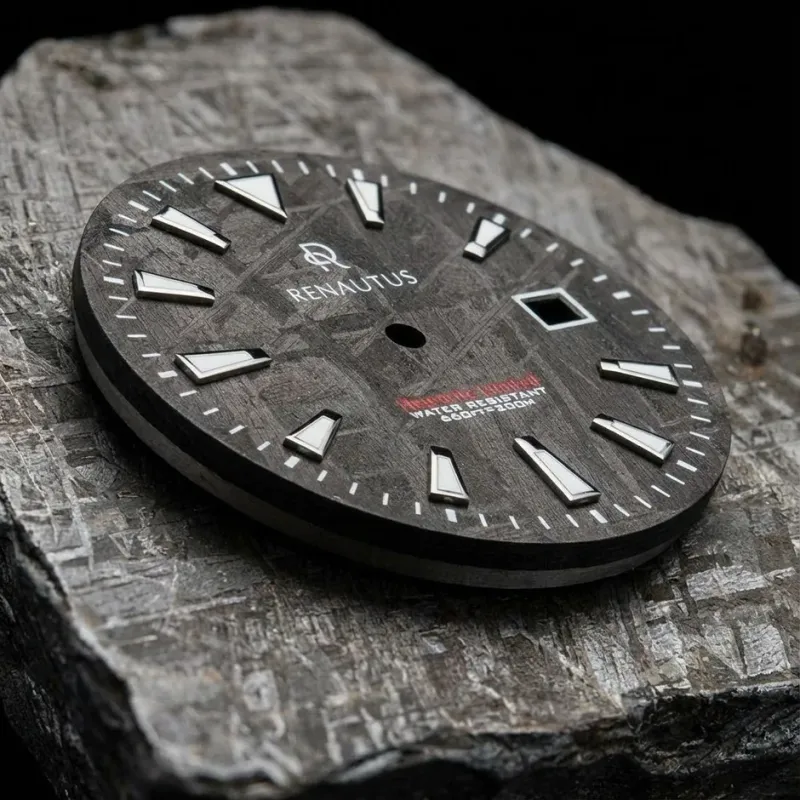 隕石を素材としたRENAUTUSの腕時計文字盤のクローズアップ